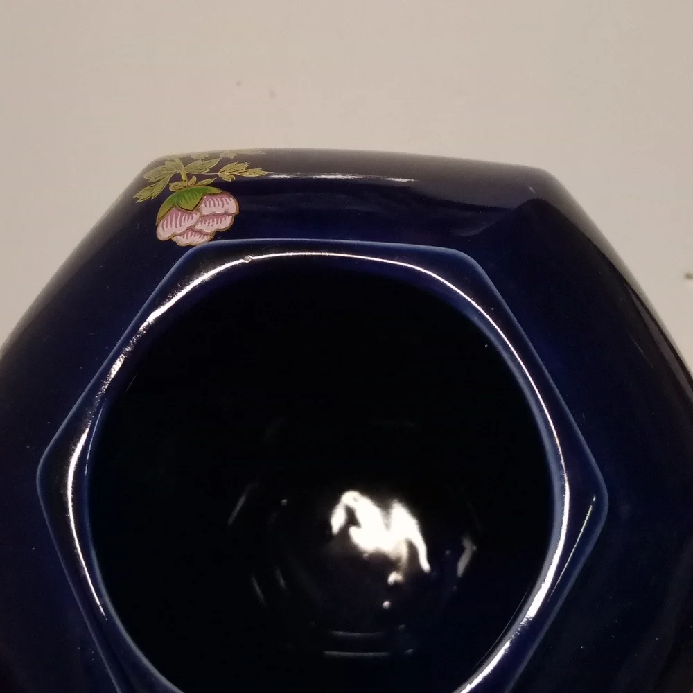RARE Vintage Cobalt Blue Pheasant Octagon Vase Satsuma Floral Pattern  9